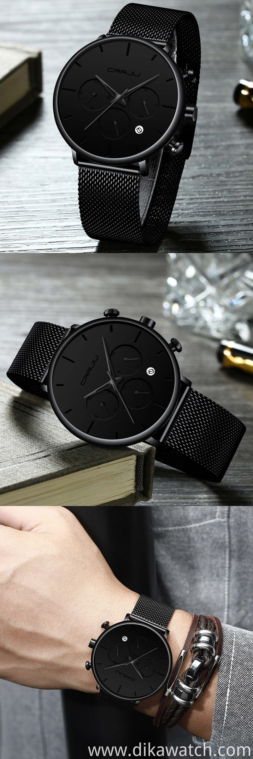 CRRJU Mens Business Dress Watches Luxury Casual Waterproof Sport Watch Men 3 eyes Dial Quartz Slim Mesh Watch Relogio Masculino